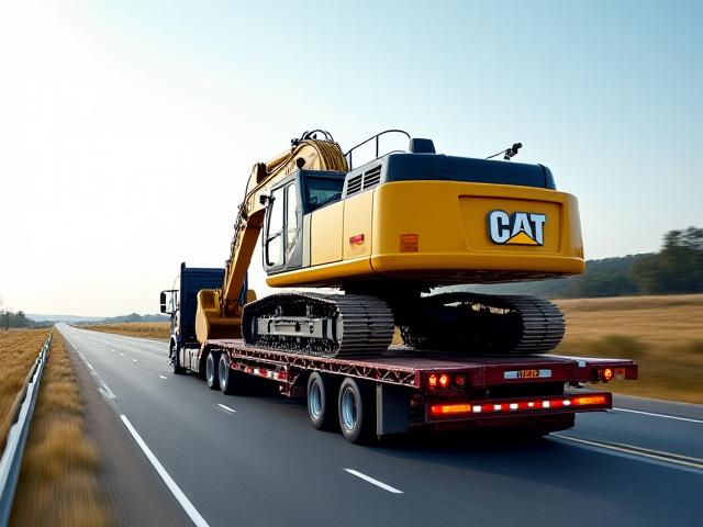 Lowboy trailer transporting a large excavator