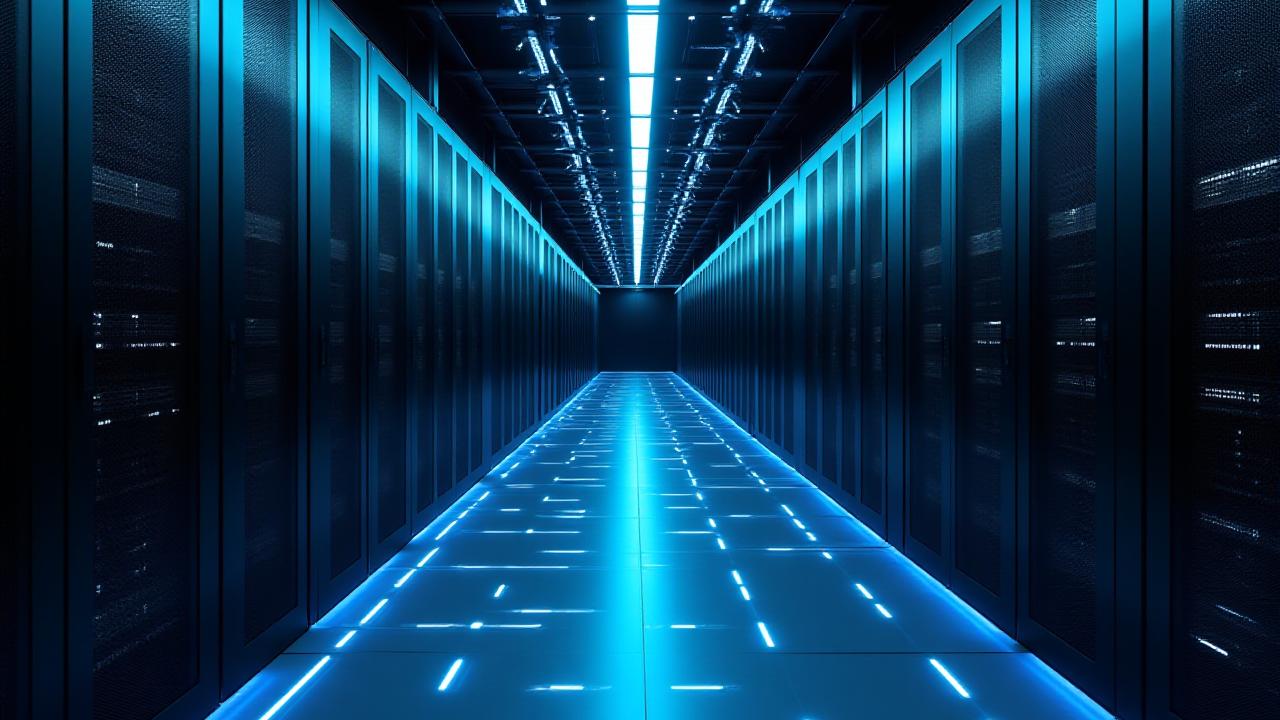 Futuristic high-tech data center interior with glowing blue fiber optics