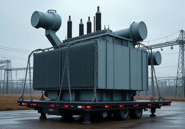 Large electrical transformer loaded for transport