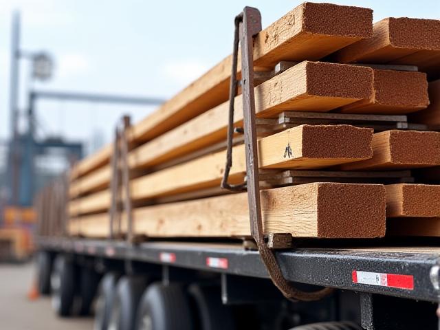 Flatbed trailer hauling lumber and steel pipes