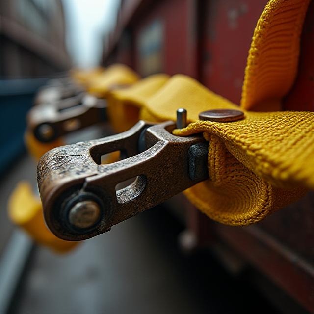 Close up of professional industrial load securement with heavy duty straps