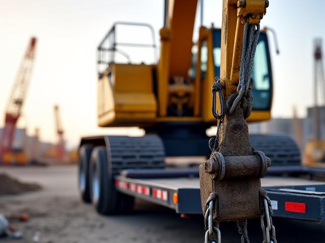 Yellow excavator being secured on a lowboy trailer