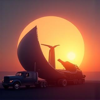 Wind turbine nacelle being transported at dawn