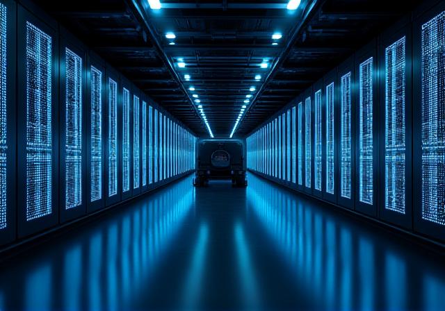 Dark high-tech logistical server room and security conceptualization